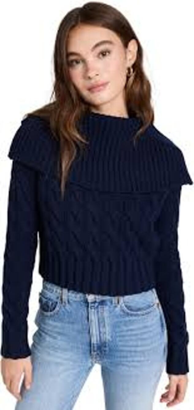 REBECCA TAYLOR Chainette Sweater Cable Knit Navy Blue Small S CHUNKY MERINO WOOL